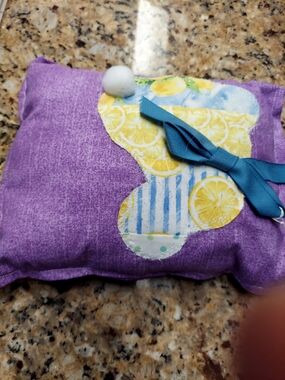 Purple Kids Pillow with Lemon Appliqué and Blue Bow